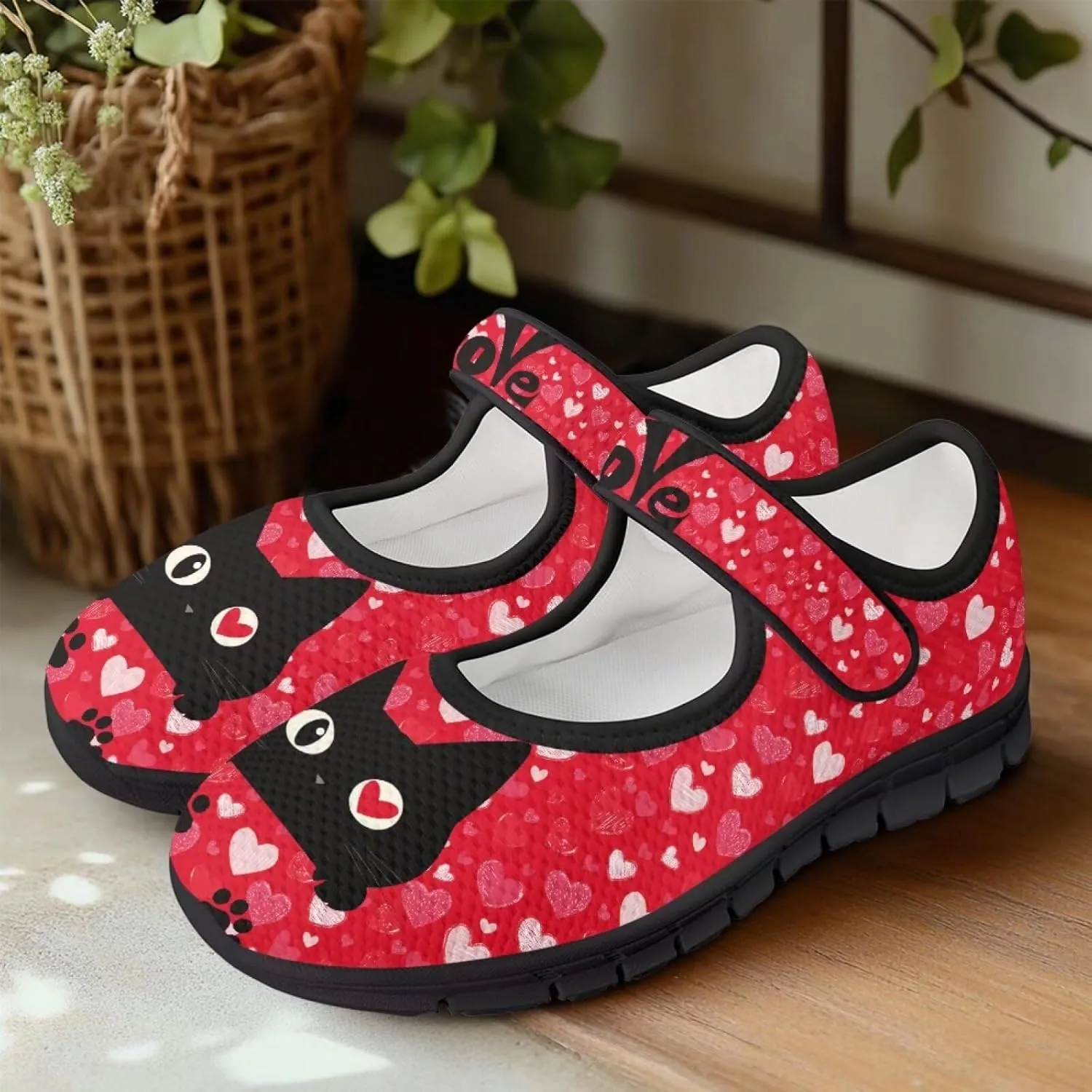 Love Heart Pattern Womens Shoes Casual Breathable Slip On Kung Fu Mary Jane Shoes Diabetic Adjustable Grounding Shoes