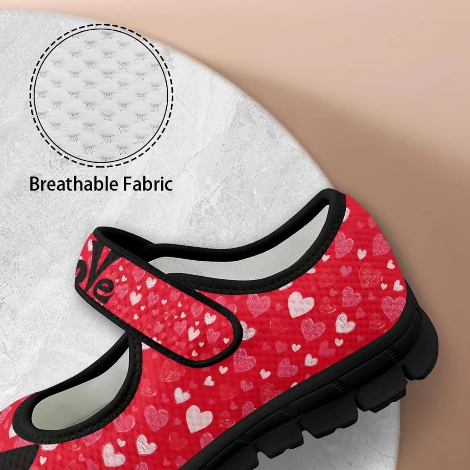 Love Heart Pattern Womens Shoes Casual Breathable Slip On Kung Fu Mary Jane Shoes Diabetic Adjustable Grounding Shoes
