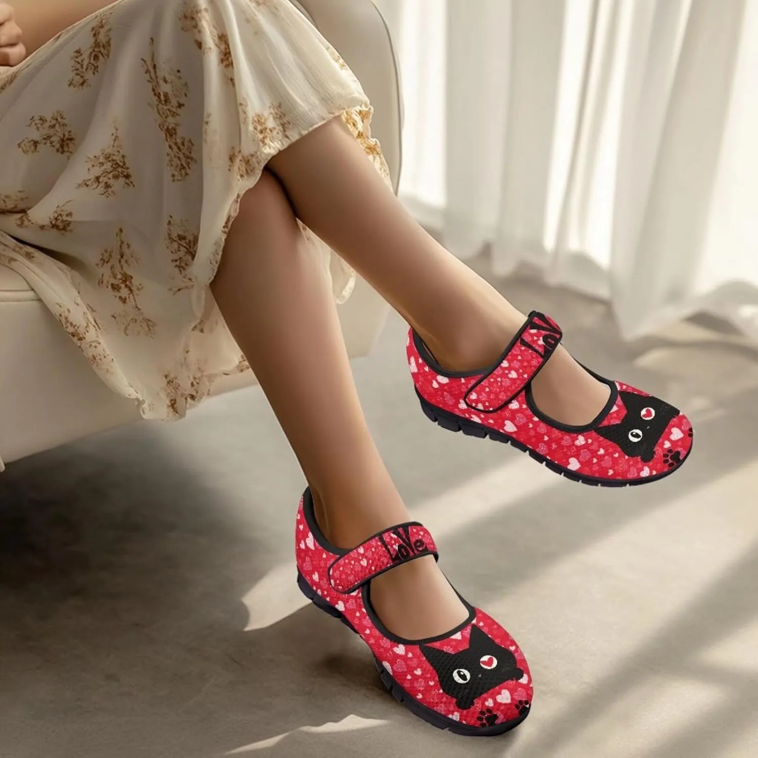 Love Heart Pattern Womens Shoes Casual Breathable Slip On Kung Fu Mary Jane Shoes Diabetic Adjustable Grounding Shoes