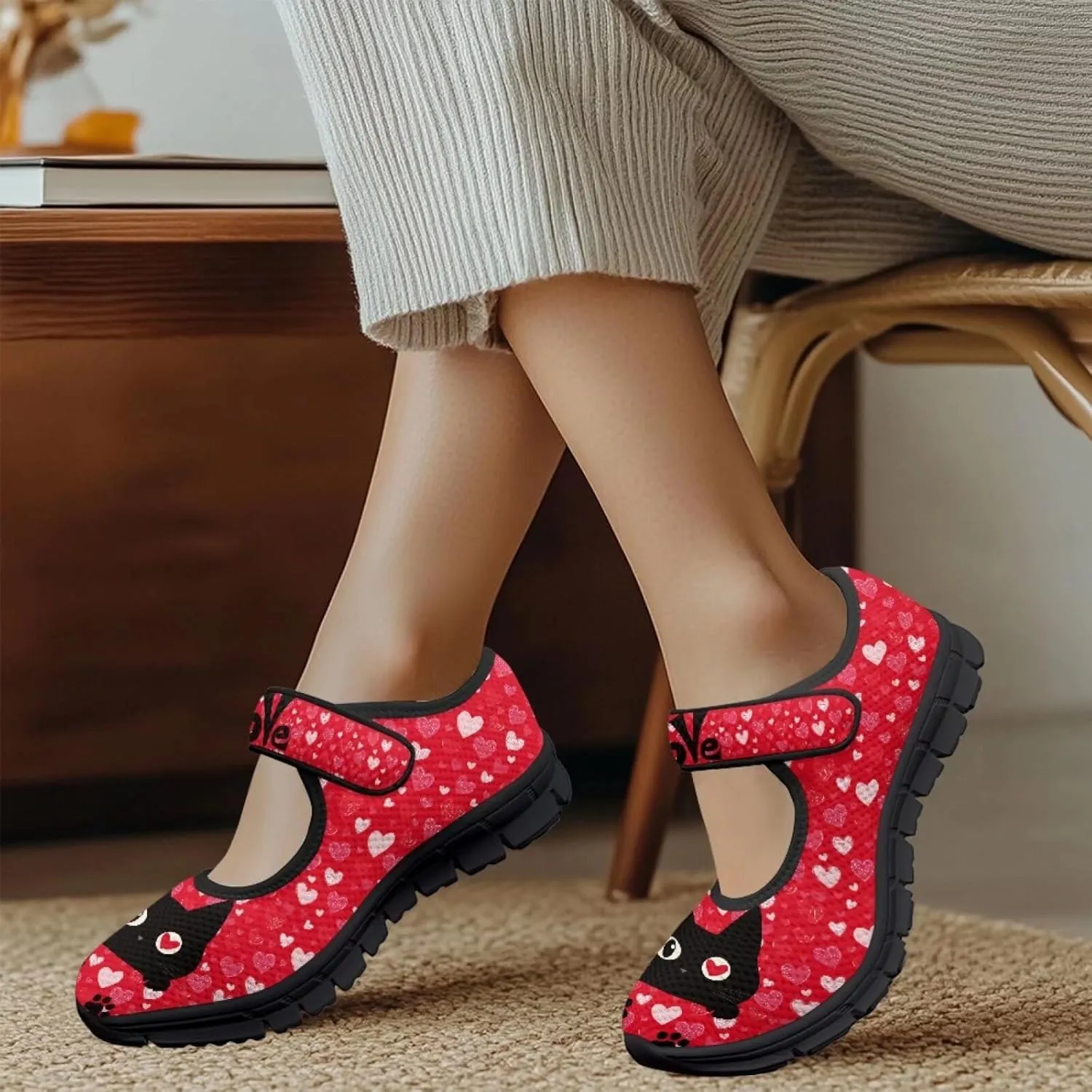 Love Heart Pattern Womens Shoes Casual Breathable Slip On Kung Fu Mary Jane Shoes Diabetic Adjustable Grounding Shoes