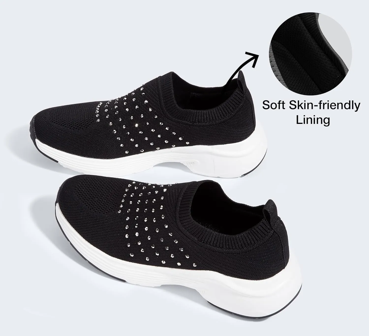 LUCKY STEP Women's Rhinestone Walking Shoes Lightweight Breathable Mesh Trainers Casual Slip On Sparkly Sneakers