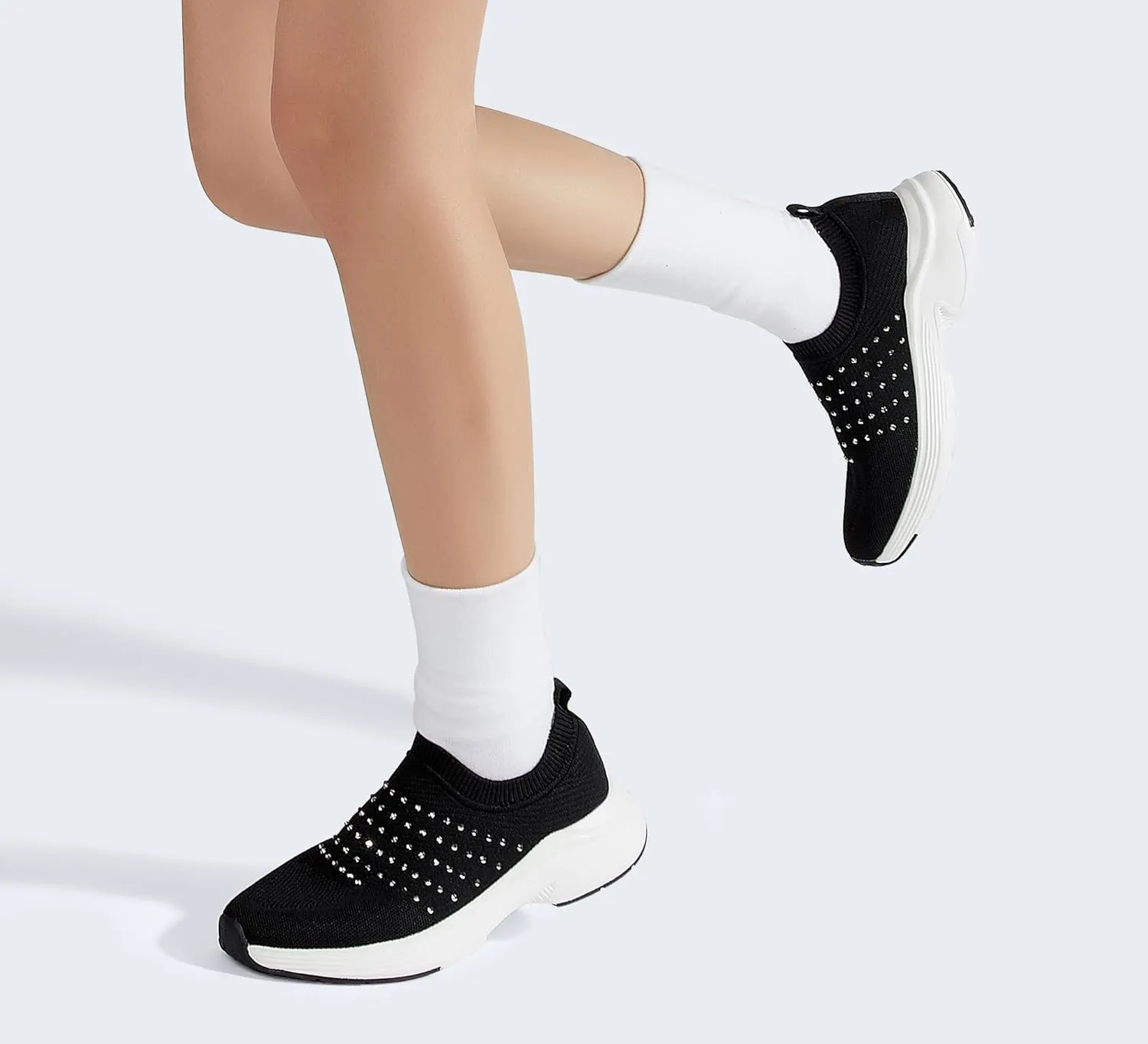 LUCKY STEP Women's Rhinestone Walking Shoes Lightweight Breathable Mesh Trainers Casual Slip On Sparkly Sneakers