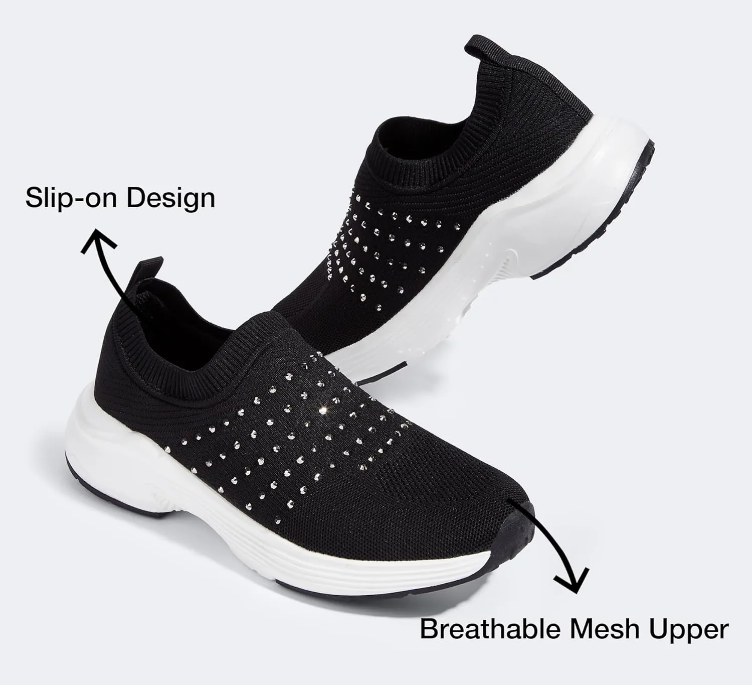 LUCKY STEP Women's Rhinestone Walking Shoes Lightweight Breathable Mesh Trainers Casual Slip On Sparkly Sneakers