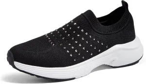LUCKY STEP Women's Rhinestone Walking Shoes Lightweight Breathable Mesh Trainers Casual Slip On Sparkly Sneakers