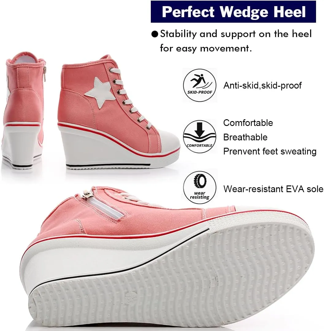 Mei MACLEOD High Heel Wedge Sneakers for Women Casual Lace Up Canvas Shoes for Ladies Platform Wedge Shoes AnkleBooties
