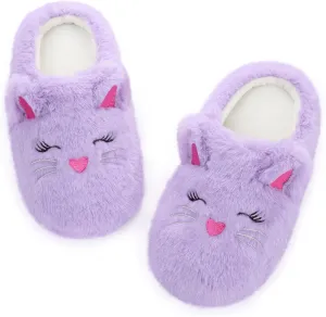 MEJORMEN Girls Cute Cat Slippers for Toddler Kids Fuzzy Slip-on Bedroom Shoes Warm Memory Foam Indoor House Slippers
