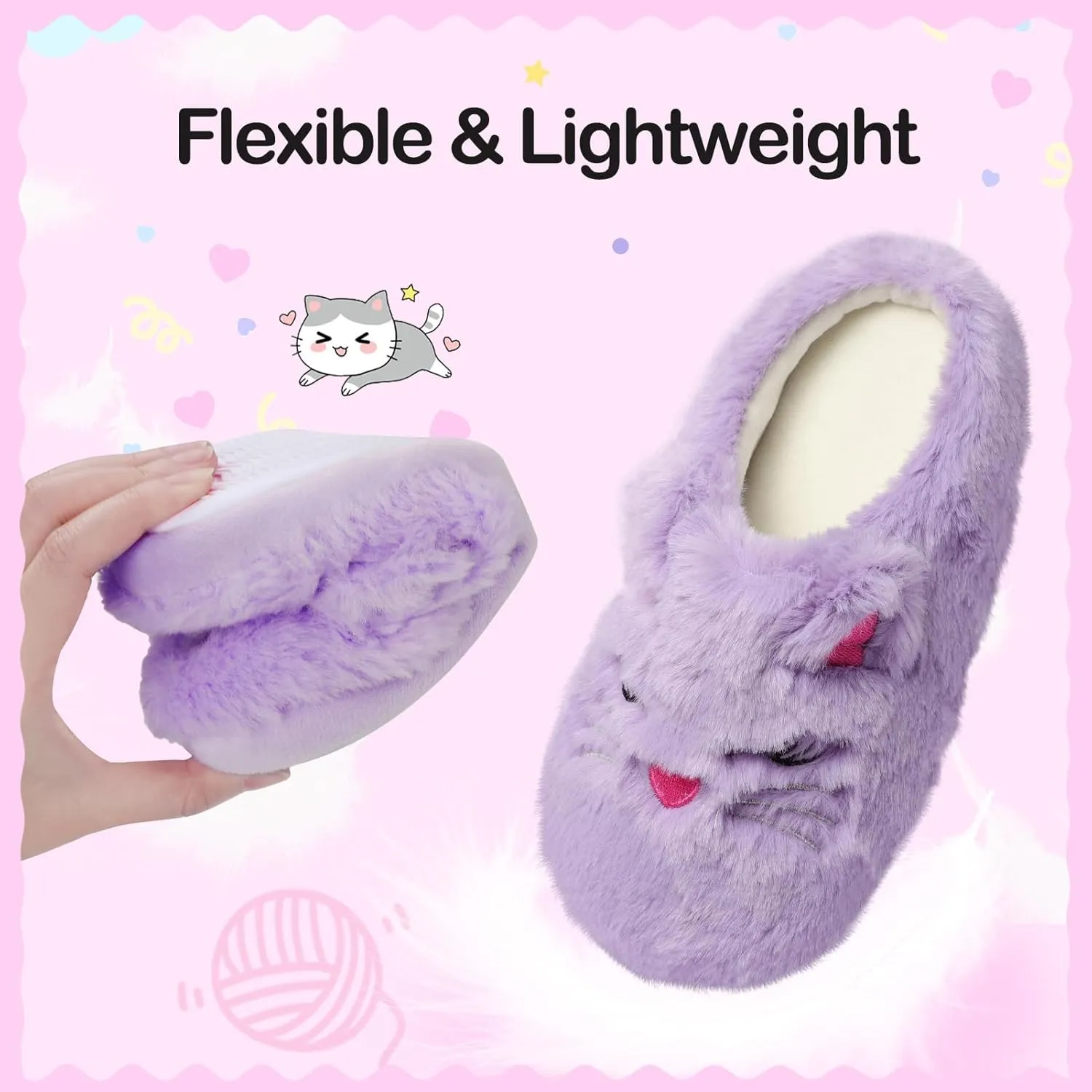 MEJORMEN Girls Cute Cat Slippers for Toddler Kids Fuzzy Slip-on Bedroom Shoes Warm Memory Foam Indoor House Slippers