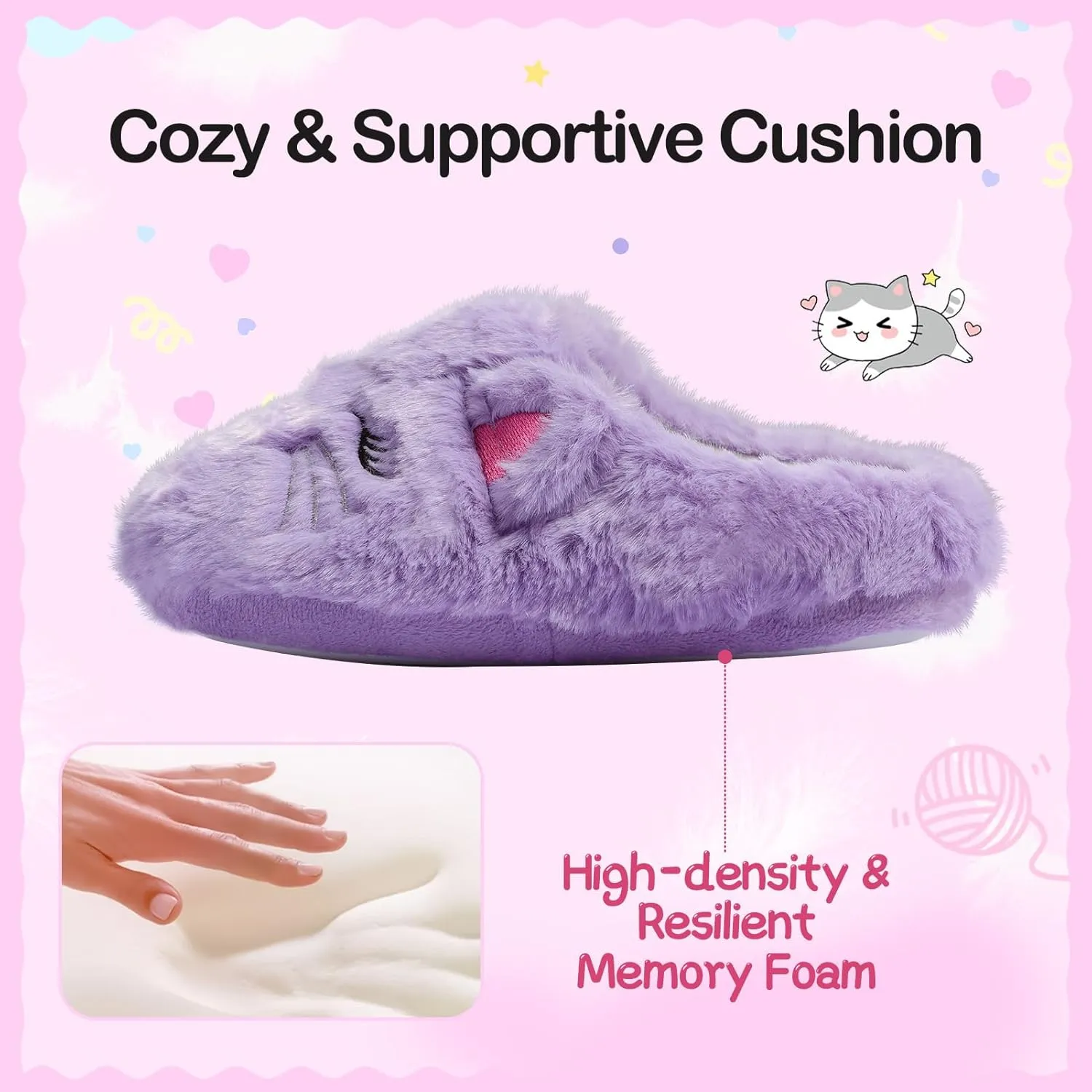 MEJORMEN Girls Cute Cat Slippers for Toddler Kids Fuzzy Slip-on Bedroom Shoes Warm Memory Foam Indoor House Slippers