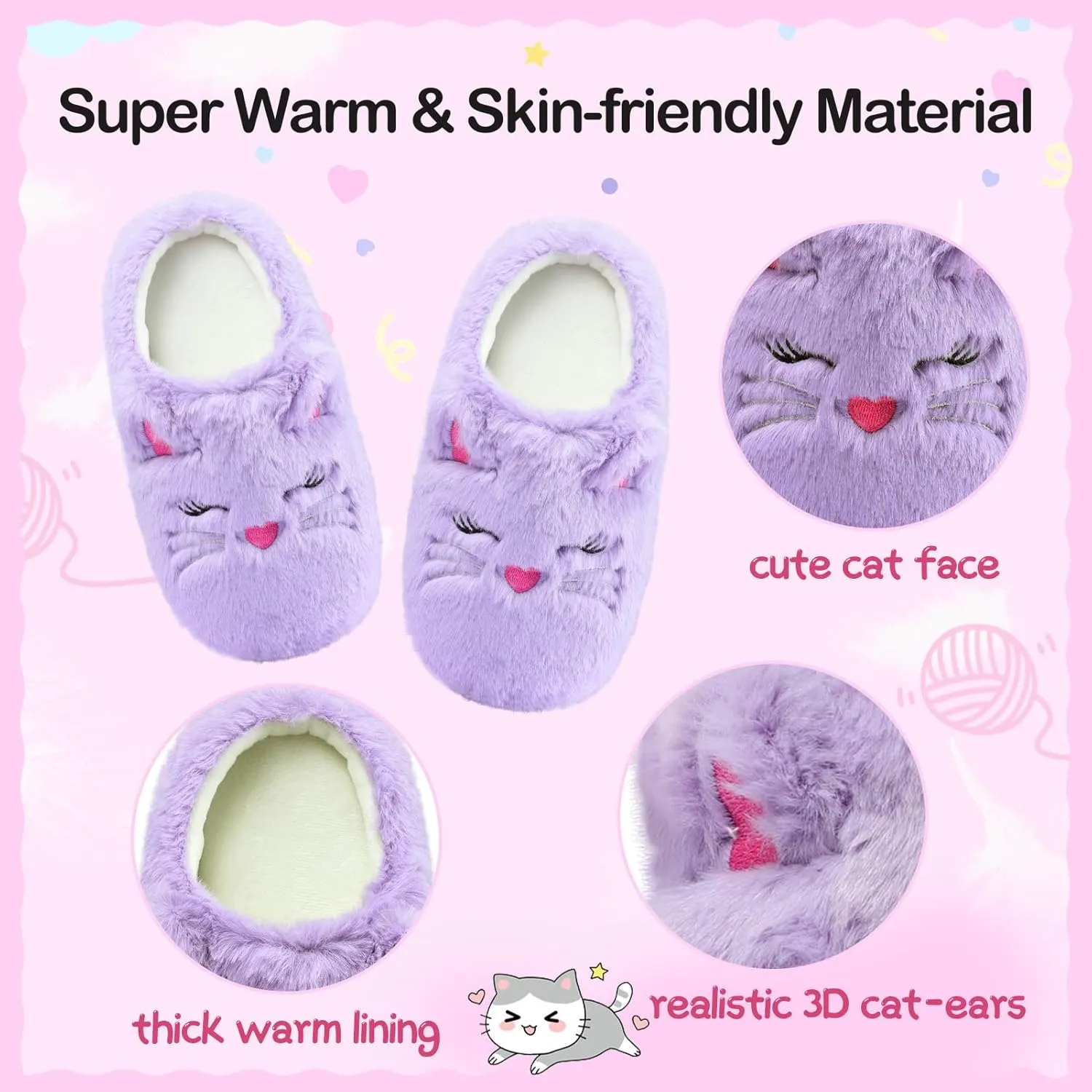 MEJORMEN Girls Cute Cat Slippers for Toddler Kids Fuzzy Slip-on Bedroom Shoes Warm Memory Foam Indoor House Slippers