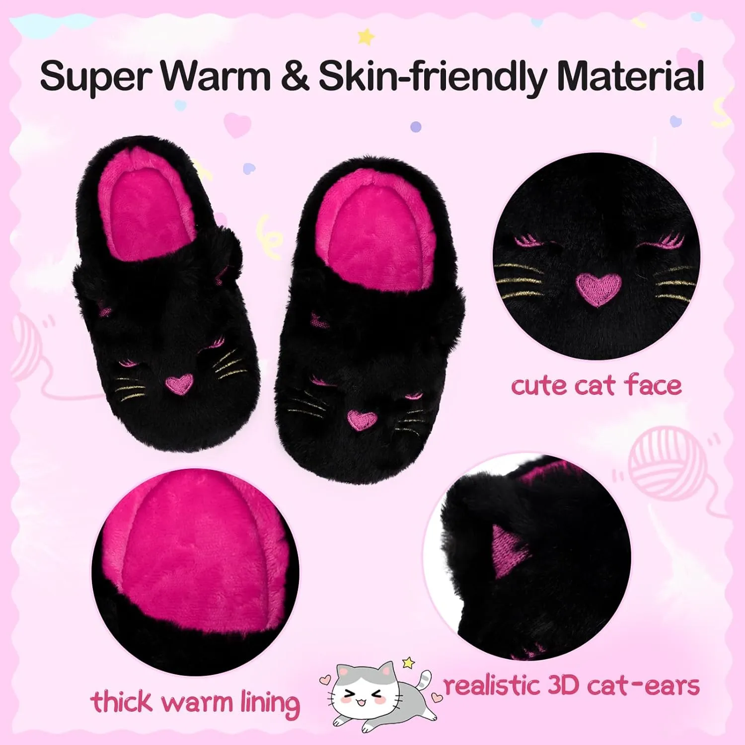 MEJORMEN Girls Cute Cat Slippers for Toddler Kids Fuzzy Slip-on Bedroom Shoes Warm Memory Foam Indoor House Slippers