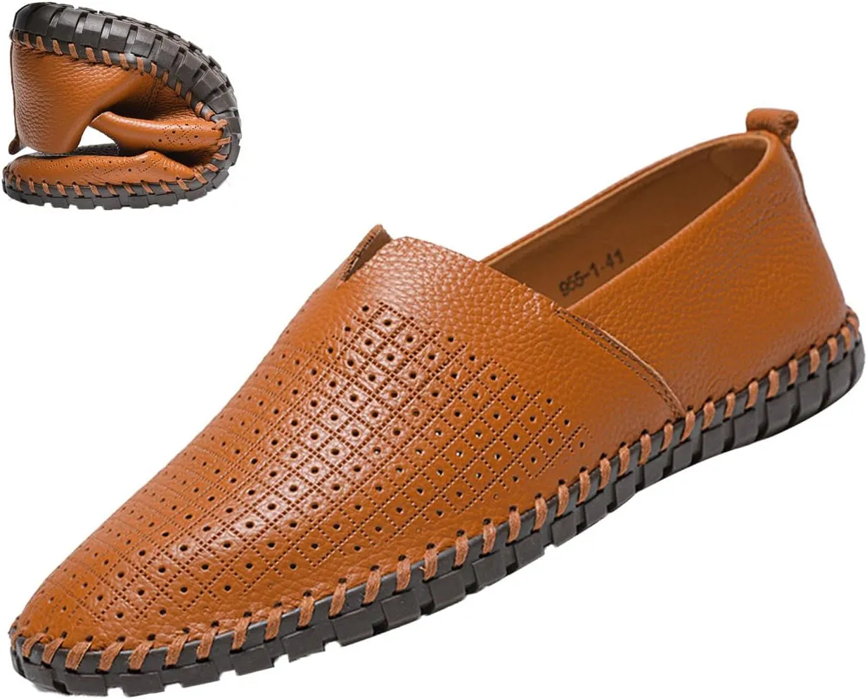 Men's Leather Slip-on Loafers,Lightweight Comfy Cutout Breathe Plain Toe Hand-Stitching Oxford Driving Casual Shoes