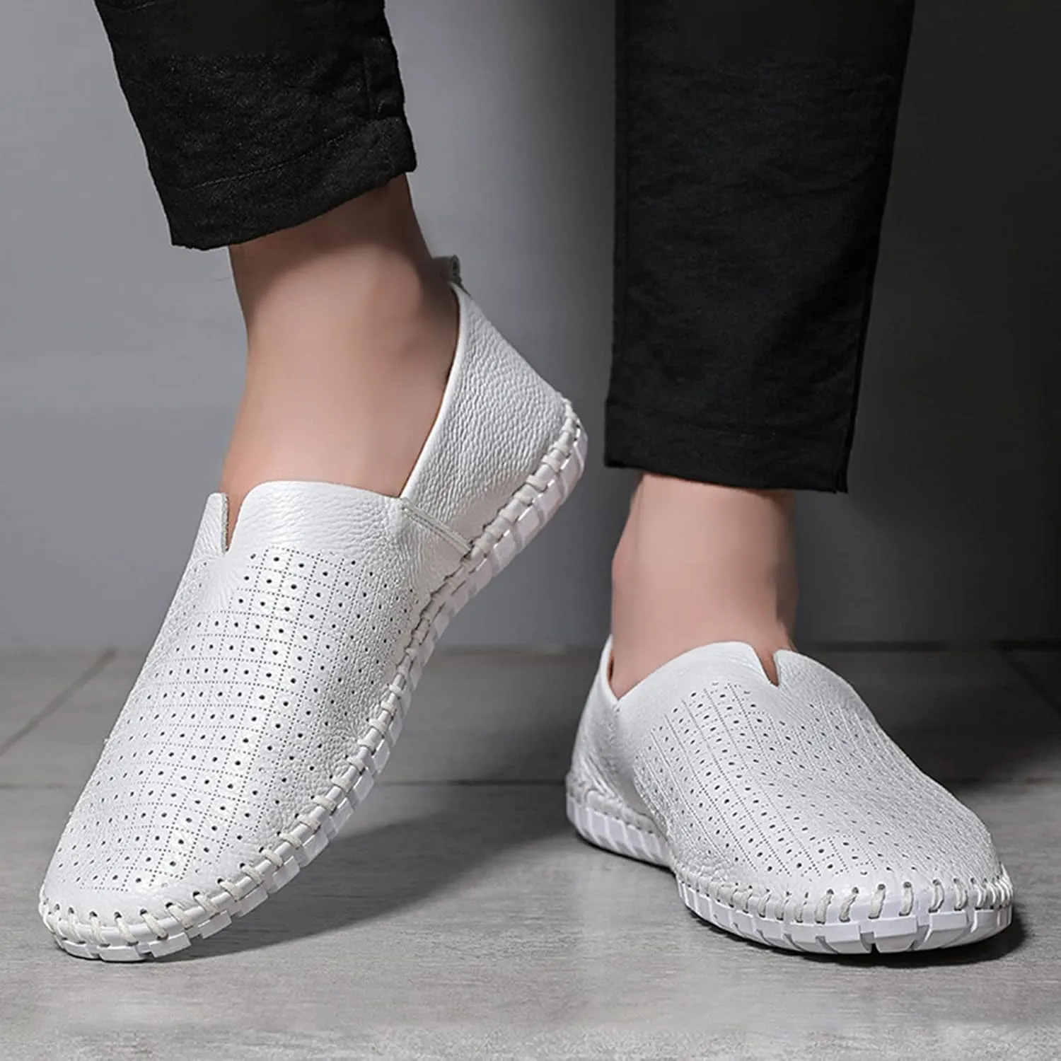 Men's Leather Slip-on Loafers,Lightweight Comfy Cutout Breathe Plain Toe Hand-Stitching Oxford Driving Casual Shoes