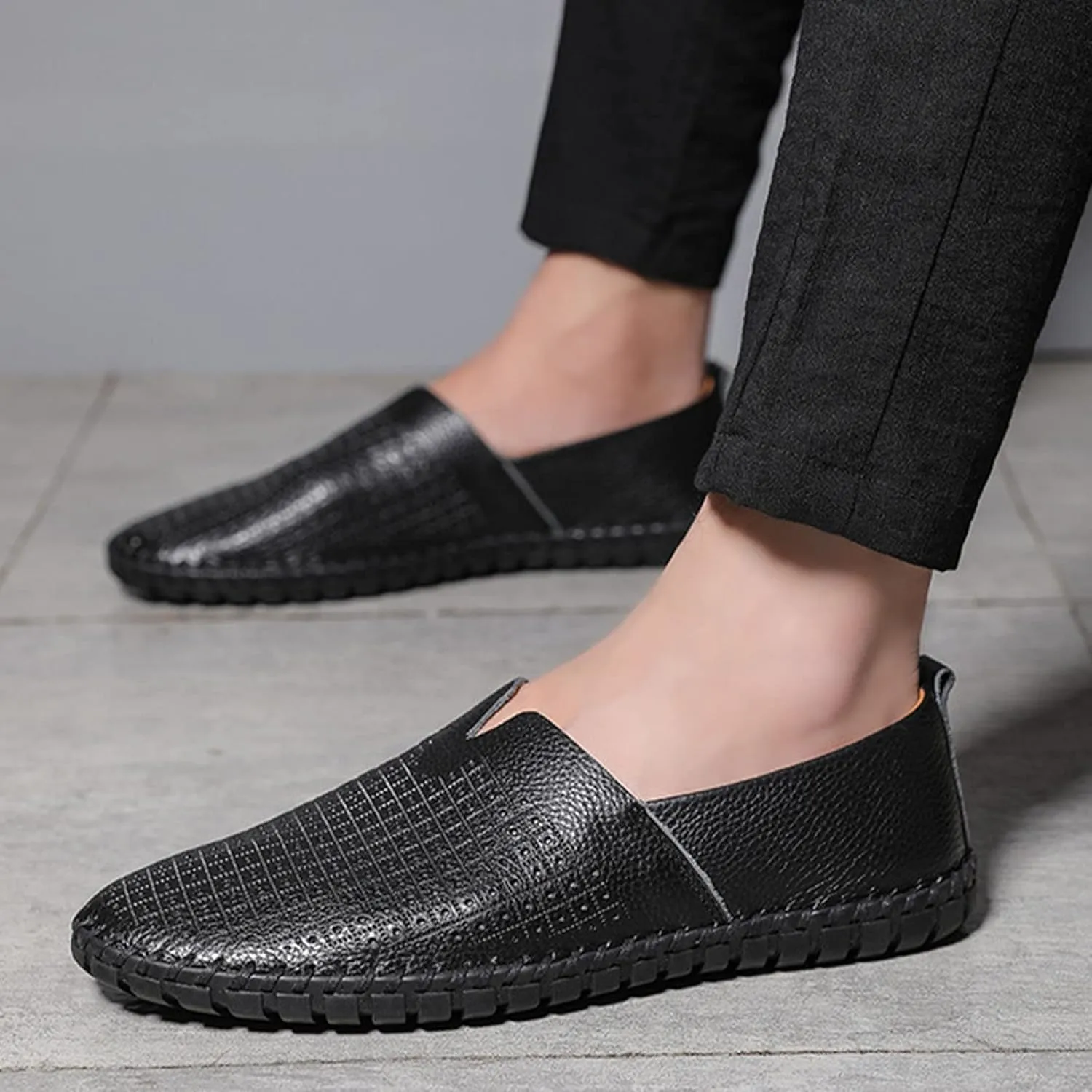 Men's Leather Slip-on Loafers,Lightweight Comfy Cutout Breathe Plain Toe Hand-Stitching Oxford Driving Casual Shoes
