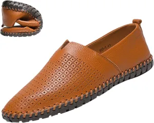 Men's Leather Slip-on Loafers,Lightweight Comfy Cutout Breathe Plain Toe Hand-Stitching Oxford Driving Casual Shoes