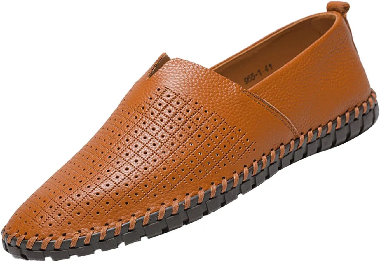 Men's Leather Slip-on Loafers,Lightweight Comfy Cutout Breathe Plain Toe Hand-Stitching Oxford Driving Casual Shoes