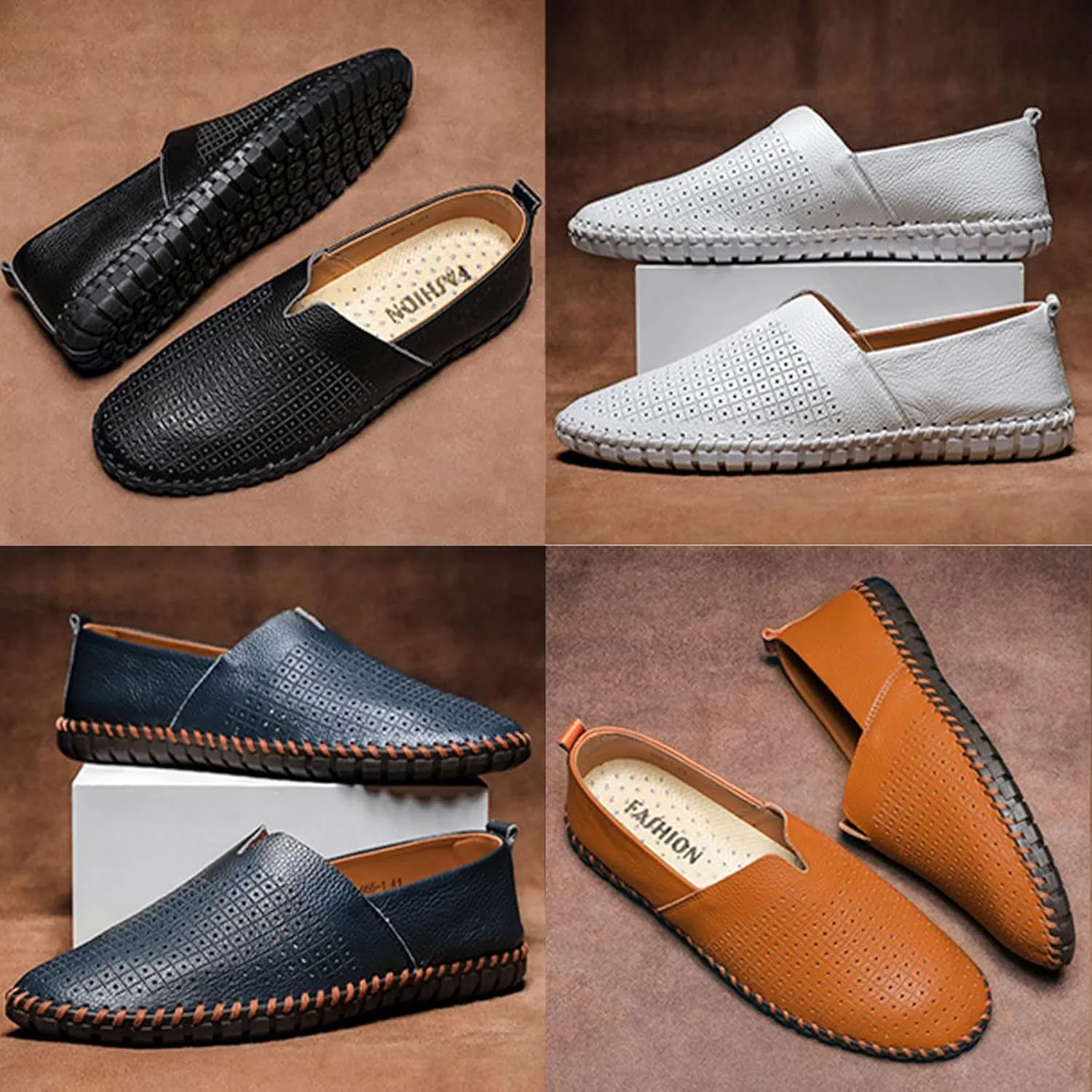 Men's Leather Slip-on Loafers,Lightweight Comfy Cutout Breathe Plain Toe Hand-Stitching Oxford Driving Casual Shoes