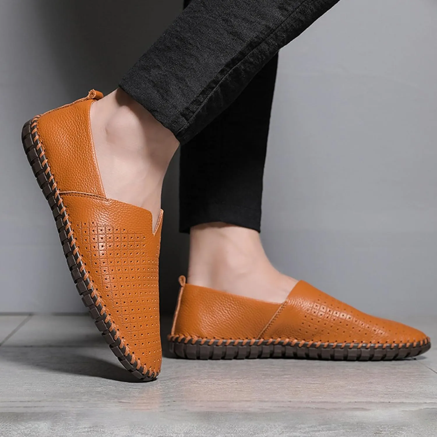 Men's Leather Slip-on Loafers,Lightweight Comfy Cutout Breathe Plain Toe Hand-Stitching Oxford Driving Casual Shoes