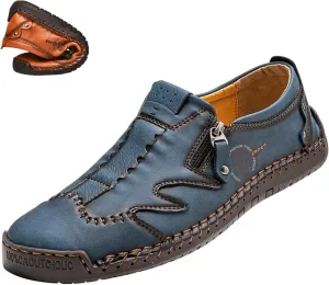 Men's Slip On Loafers Leather Casual Shoes,Lightweight Comfy Vintage Hand-Stitching Zip Driving Walking Sneakers