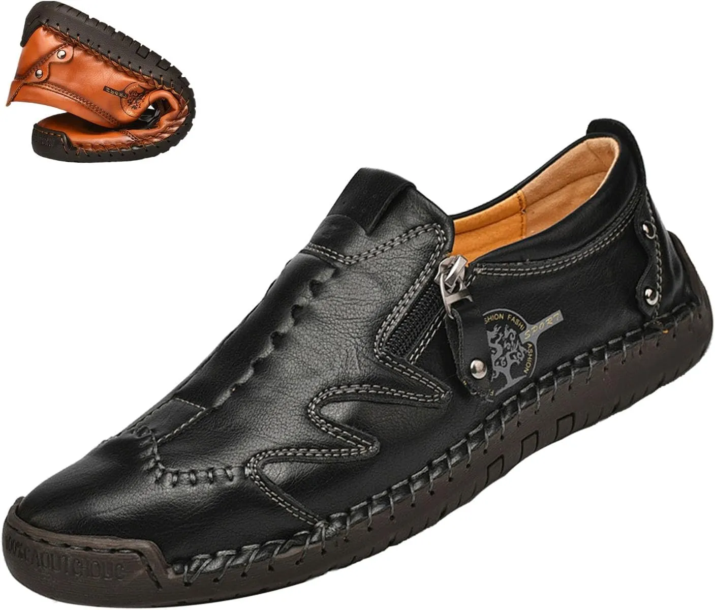 Men's Slip On Loafers Leather Casual Shoes,Lightweight Comfy Vintage Hand-Stitching Zip Driving Walking Sneakers