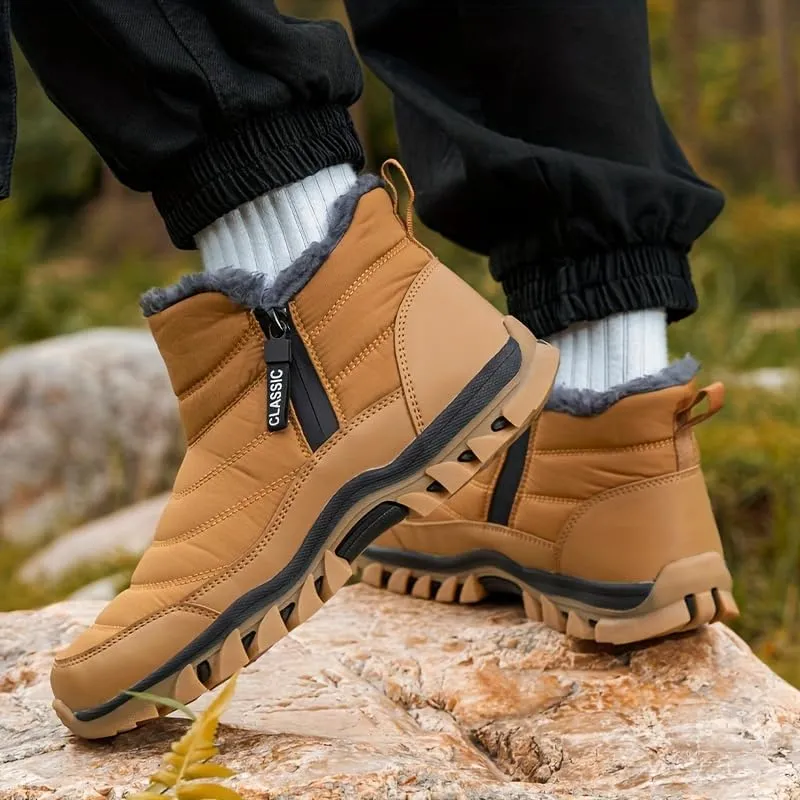 Men's Slip On Snow Boots with Warm Plush Lining, Comfy Non Slip Durable Thermal Side Zipper Design Shoes, Men's Winter Footwear