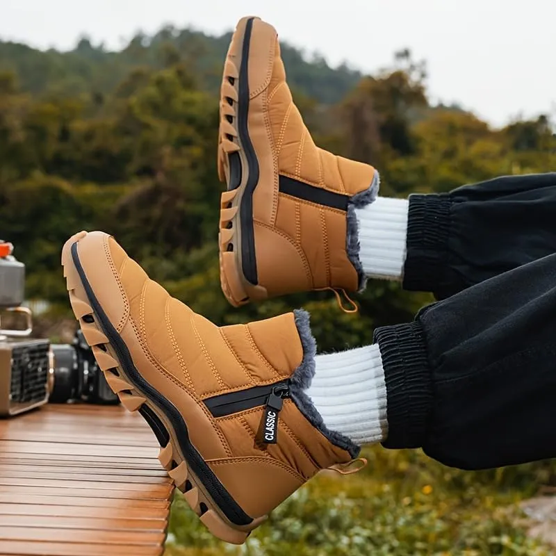 Men's Slip On Snow Boots with Warm Plush Lining, Comfy Non Slip Durable Thermal Side Zipper Design Shoes, Men's Winter Footwear