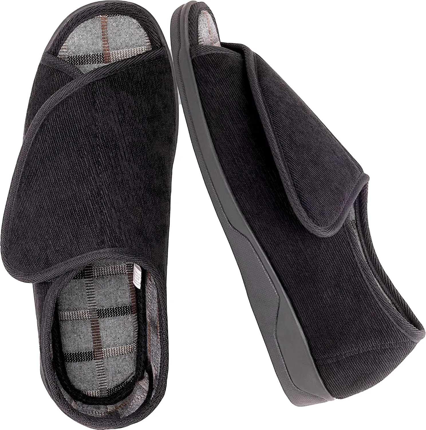 Men's Wide Furry 80-D Memory Foam Diabetic Slipper with Adjustable Closures, Wide Width Warm Plush Fleece Arthritis Edema Swollen Diabetic House Shoes Machine Washable w/Anti Slip Sole