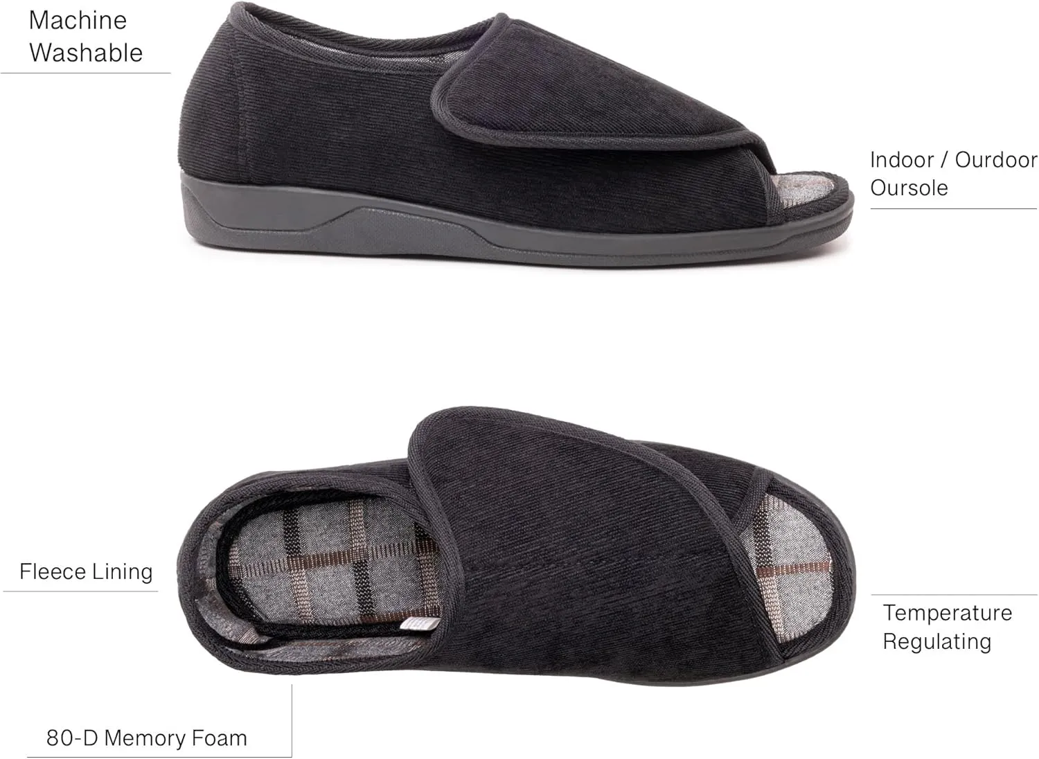 Men's Wide Furry 80-D Memory Foam Diabetic Slipper with Adjustable Closures, Wide Width Warm Plush Fleece Arthritis Edema Swollen Diabetic House Shoes Machine Washable w/Anti Slip Sole