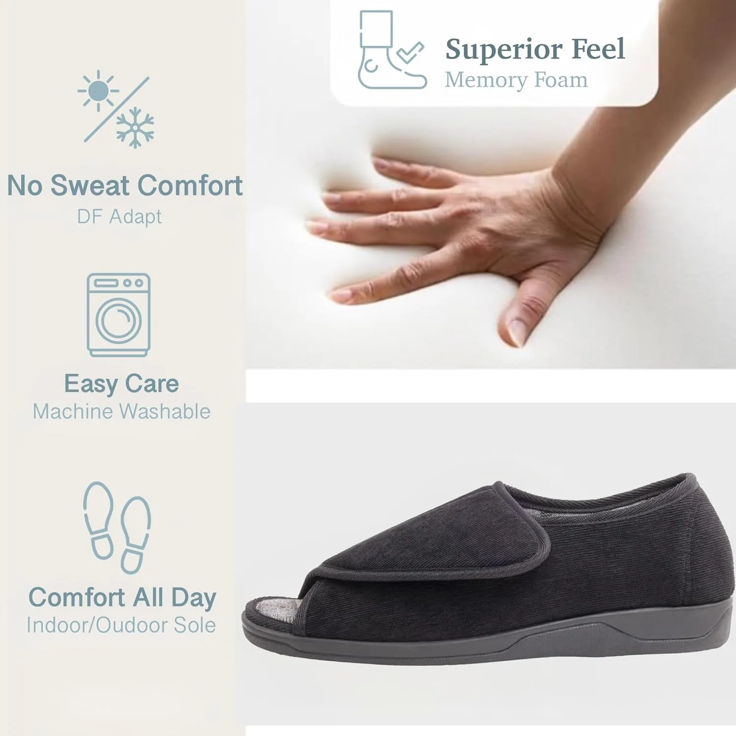 Men's Wide Furry 80-D Memory Foam Diabetic Slipper with Adjustable Closures, Wide Width Warm Plush Fleece Arthritis Edema Swollen Diabetic House Shoes Machine Washable w/Anti Slip Sole
