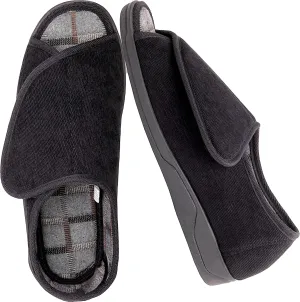 Men's Wide Furry 80-D Memory Foam Diabetic Slipper with Adjustable Closures, Wide Width Warm Plush Fleece Arthritis Edema Swollen Diabetic House Shoes Machine Washable w/Anti Slip Sole