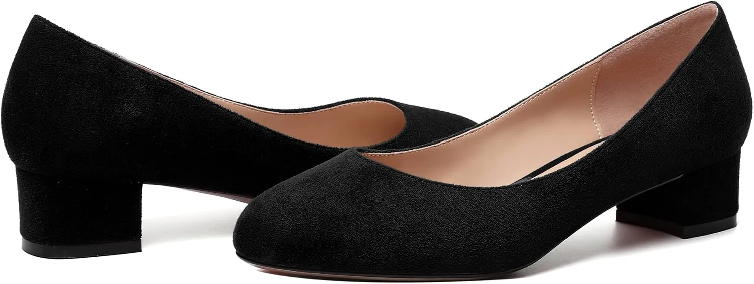 MERRORI Womens Casual Solid Round Toe Office Slip On Suede Chunky Low Heel Pumps Shoes 1.5 Inch