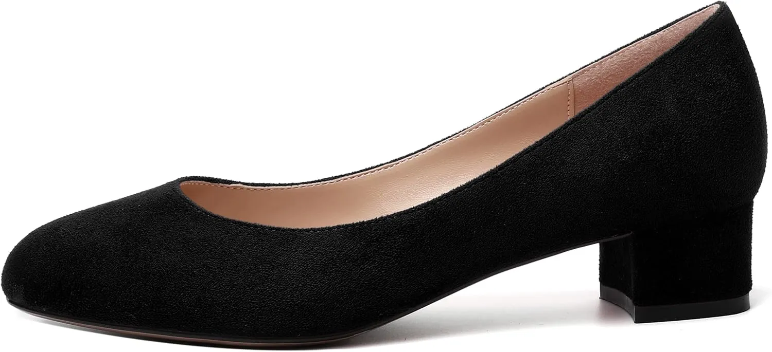 MERRORI Womens Casual Solid Round Toe Office Slip On Suede Chunky Low Heel Pumps Shoes 1.5 Inch