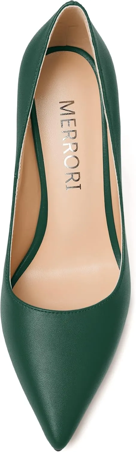 MERRORI Women's Chunky High Heels Slip On Block Pointed Toe Matte Dress Wedding Heel Pumps Shoes 4 Inch