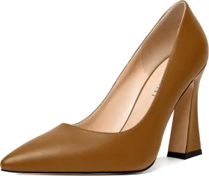MERRORI Women's Chunky High Heels Slip On Block Pointed Toe Matte Dress Wedding Heel Pumps Shoes 4 Inch