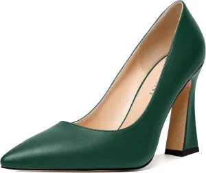 MERRORI Women's Chunky High Heels Slip On Block Pointed Toe Matte Dress Wedding Heel Pumps Shoes 4 Inch