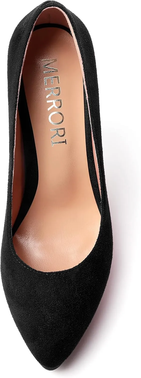 MERRORI Womens Dress Shoes Pointed Toe Cute Suede Slip On Evening Platform Stiletto High Heel Pumps Shoes 4.7 Inch