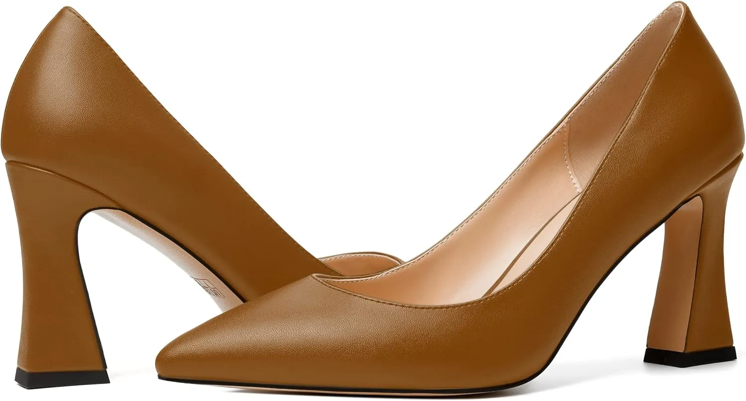 MERRORI Women's High Chunky Heels Dress Slip On Closed Toe Pointed Toe Evening Matte Heel Pumps Shoes 3.3 Inch