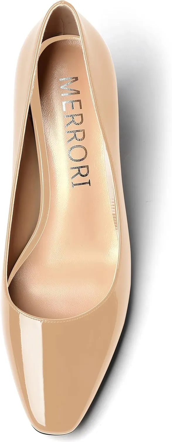 MERRORI Women's Patent Square Toe Slip On Solid Stiletto Mid Heel Pumps Shoes 2.5 Inch