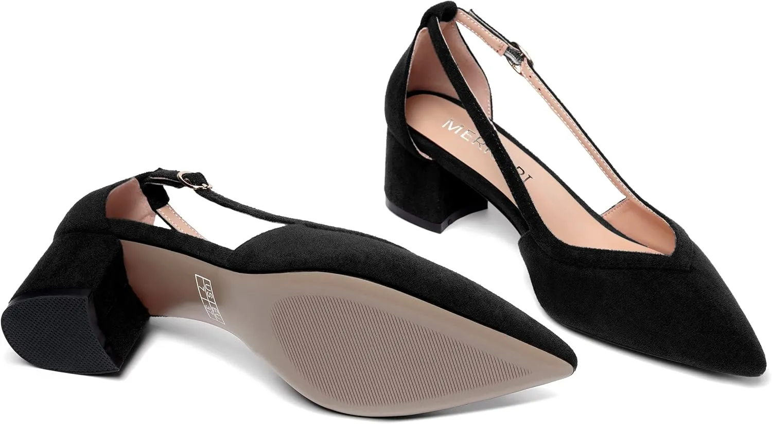 MERRORI Womens Pointed Toe Dress Heels Casual Slip On Suede Office Block Low Heel Pumps Shoes 2 Inch