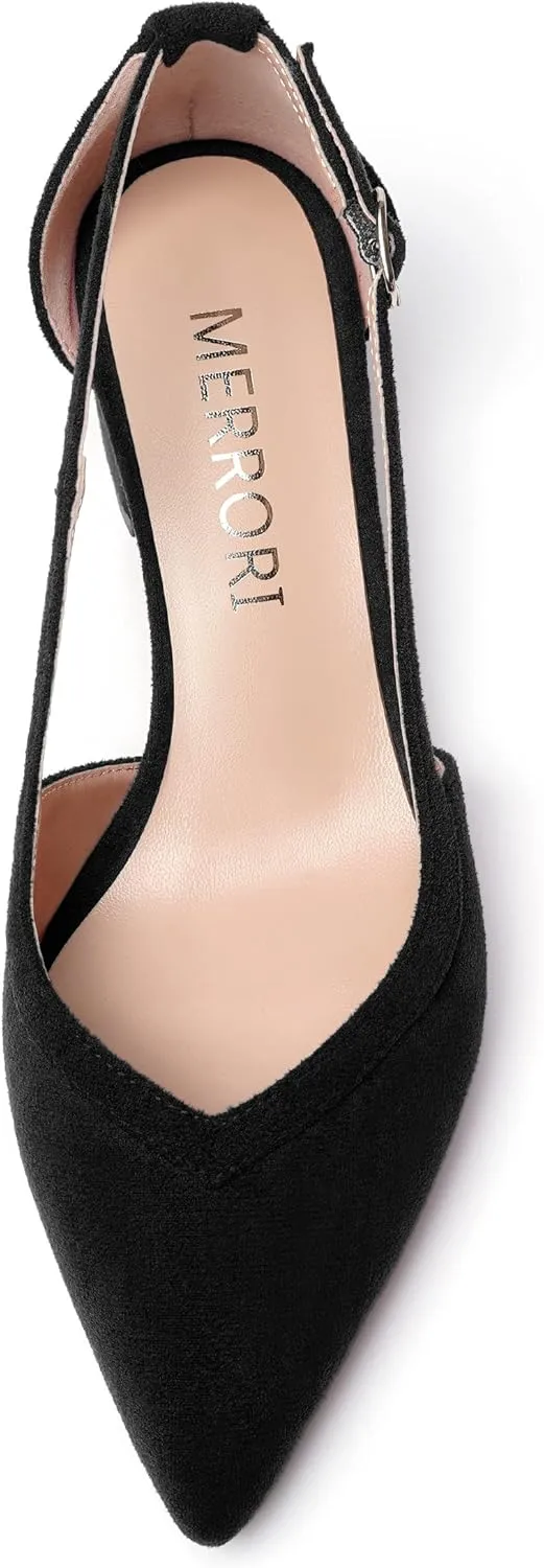 MERRORI Womens Pointed Toe Dress Heels Casual Slip On Suede Office Block Low Heel Pumps Shoes 2 Inch