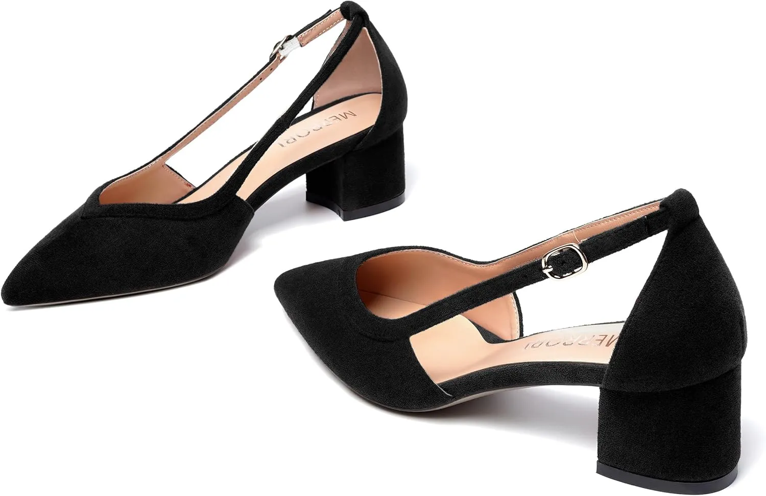 MERRORI Womens Pointed Toe Dress Heels Casual Slip On Suede Office Block Low Heel Pumps Shoes 2 Inch