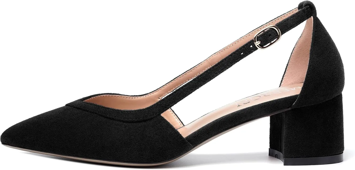 MERRORI Womens Pointed Toe Dress Heels Casual Slip On Suede Office Block Low Heel Pumps Shoes 2 Inch