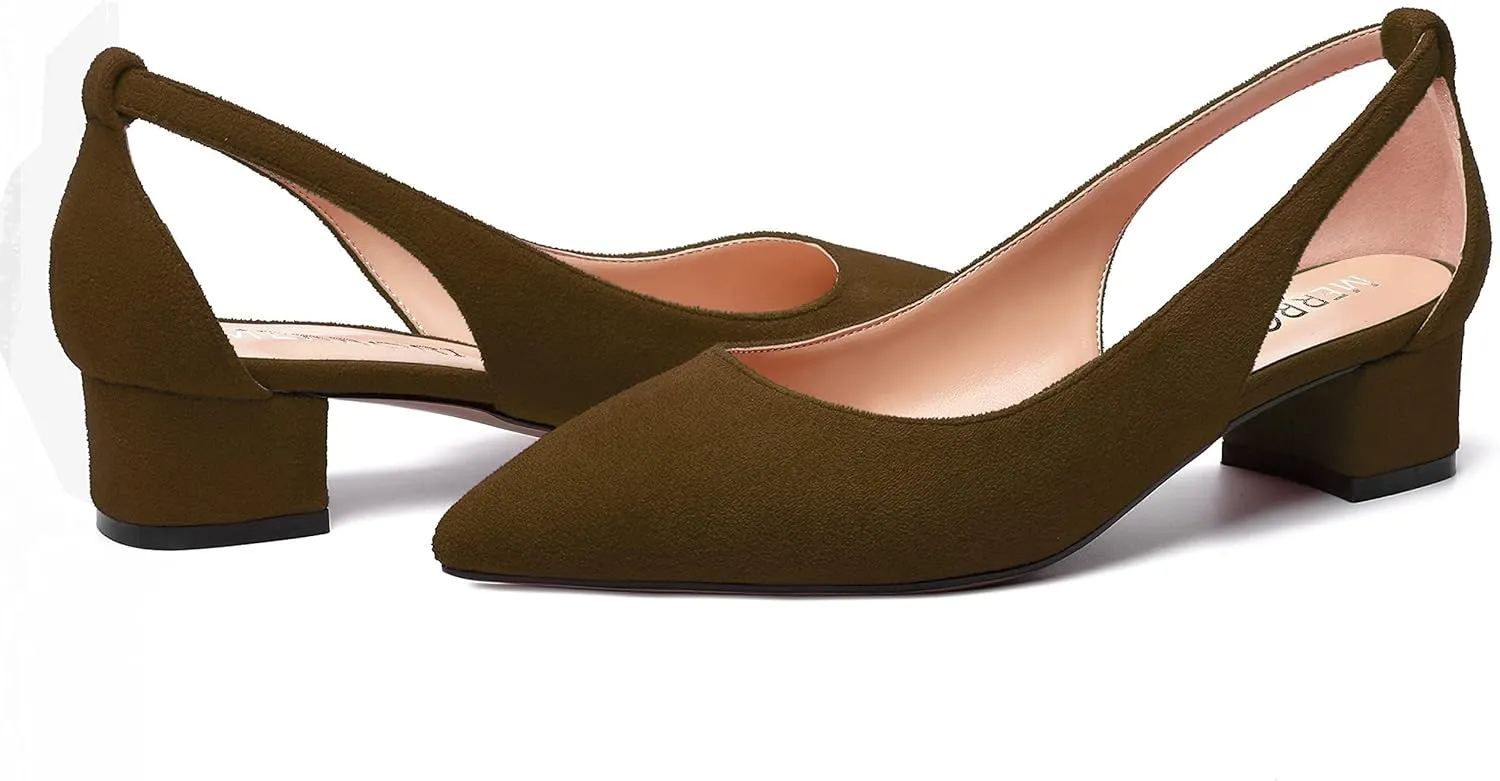 MERRORI Womens Pointed Toe Dress Slip On Suede Evening Chunky Low Heel Pumps Shoes 1.5 Inch