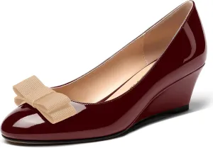 MERRORI Women's Round Toe Patent Slip On Dress Shoes Bow Wedge Low Heel Pumps Shoes 2 Inch