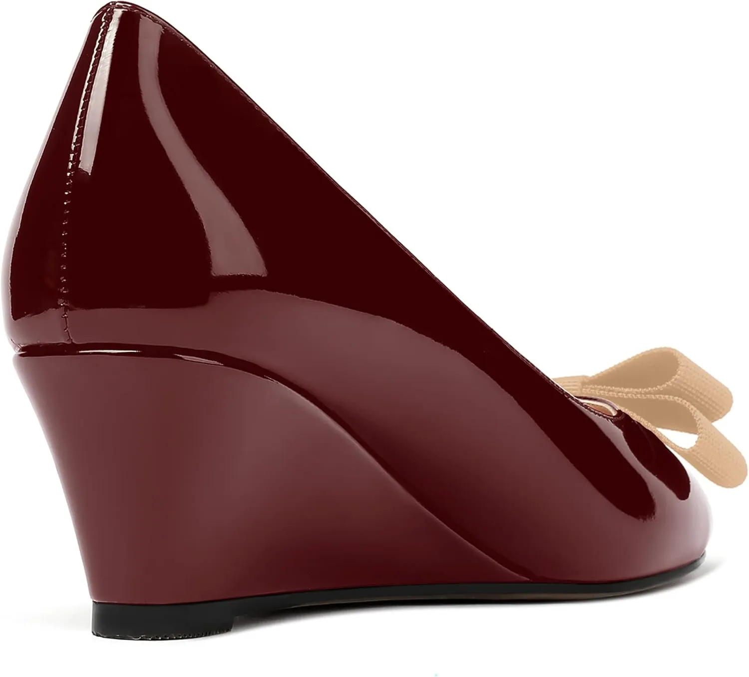 MERRORI Women's Round Toe Patent Slip On Dress Shoes Bow Wedge Low Heel Pumps Shoes 2 Inch