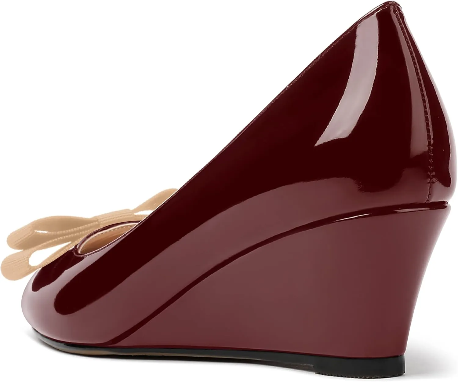 MERRORI Women's Round Toe Patent Slip On Dress Shoes Bow Wedge Low Heel Pumps Shoes 2 Inch