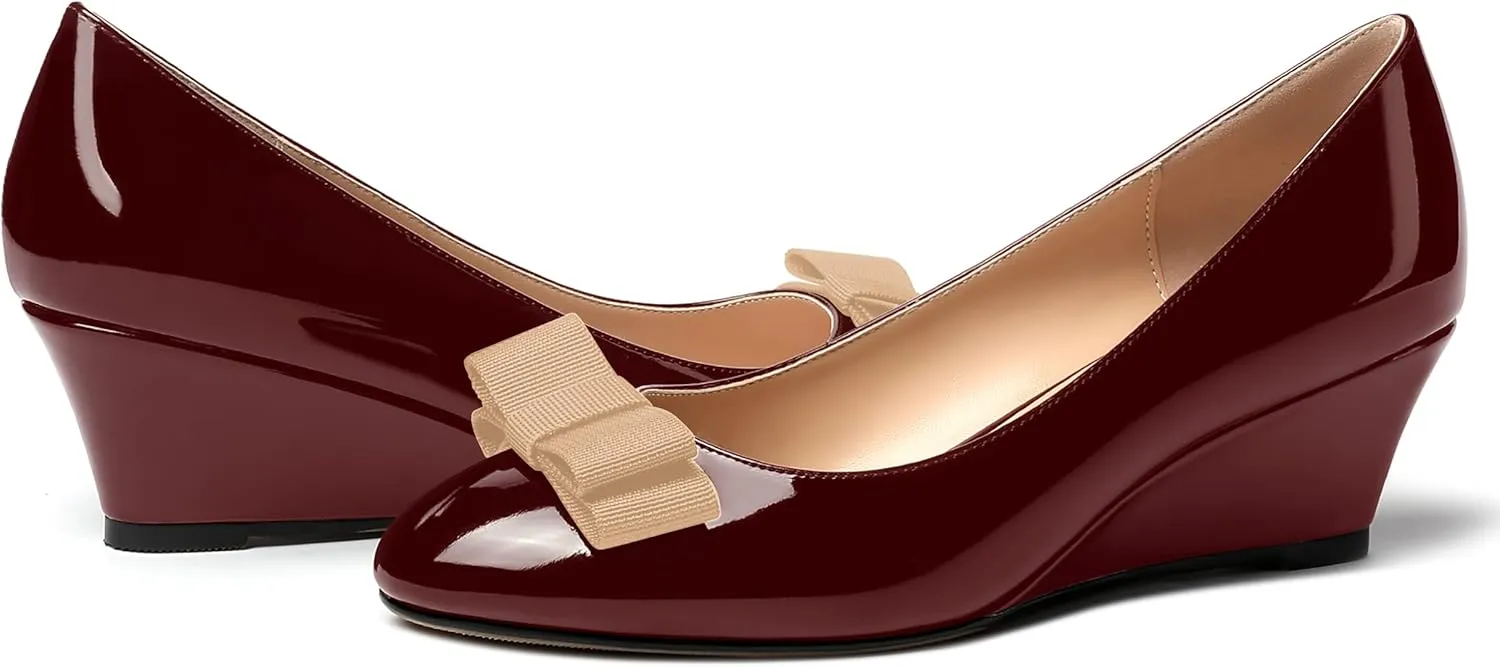 MERRORI Women's Round Toe Patent Slip On Dress Shoes Bow Wedge Low Heel Pumps Shoes 2 Inch