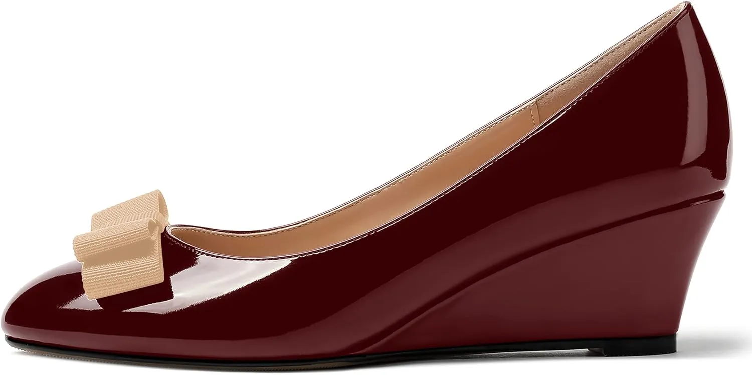MERRORI Women's Round Toe Patent Slip On Dress Shoes Bow Wedge Low Heel Pumps Shoes 2 Inch