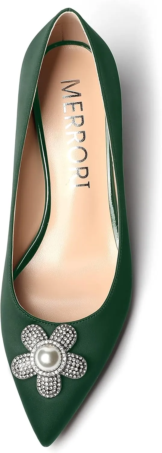 MERRORI Womens Simple Casual Slip On Solid Satin Pointed Toe Chunky Low Heel Pumps Shoes 1.5 Inch