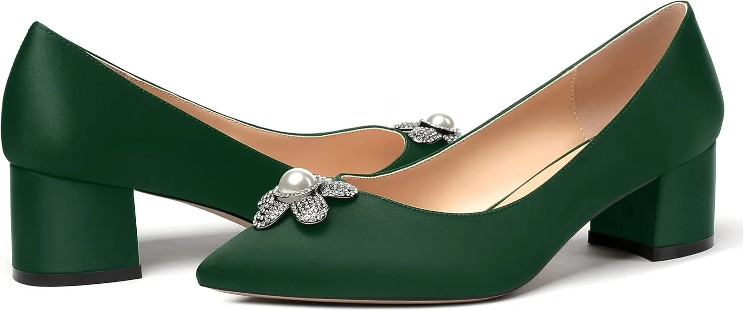 MERRORI Womens Simple Casual Slip On Solid Satin Pointed Toe Chunky Low Heel Pumps Shoes 1.5 Inch