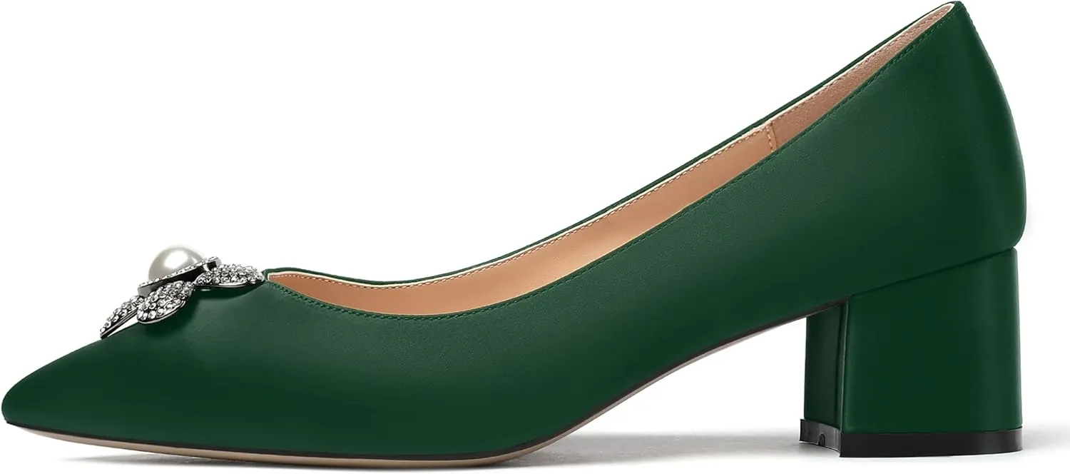 MERRORI Womens Simple Casual Slip On Solid Satin Pointed Toe Chunky Low Heel Pumps Shoes 1.5 Inch